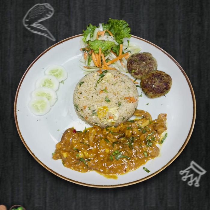 Butter Chicken, Egg Fried Rice, Fish Cake, Salad